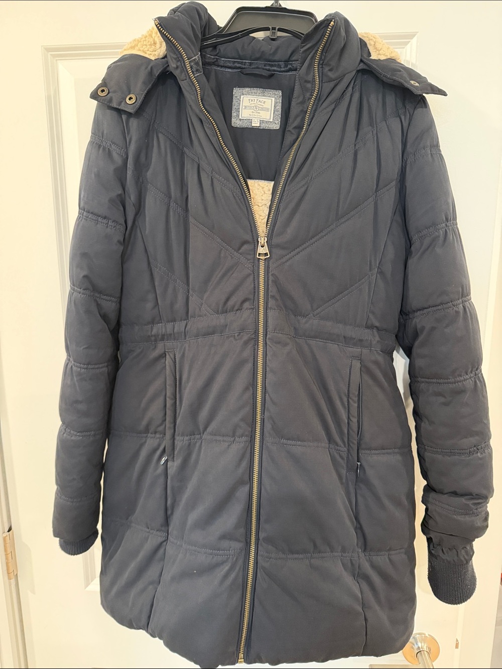 Fat Face Women's Navy Puffer Coat with Faux-Sherpa Hood